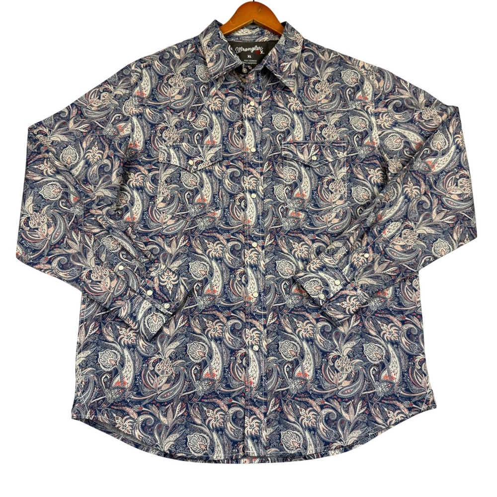 Wrangler 20X Mens XL Blue Paisley‎ Print Long Sleeve Western Snap Shirt